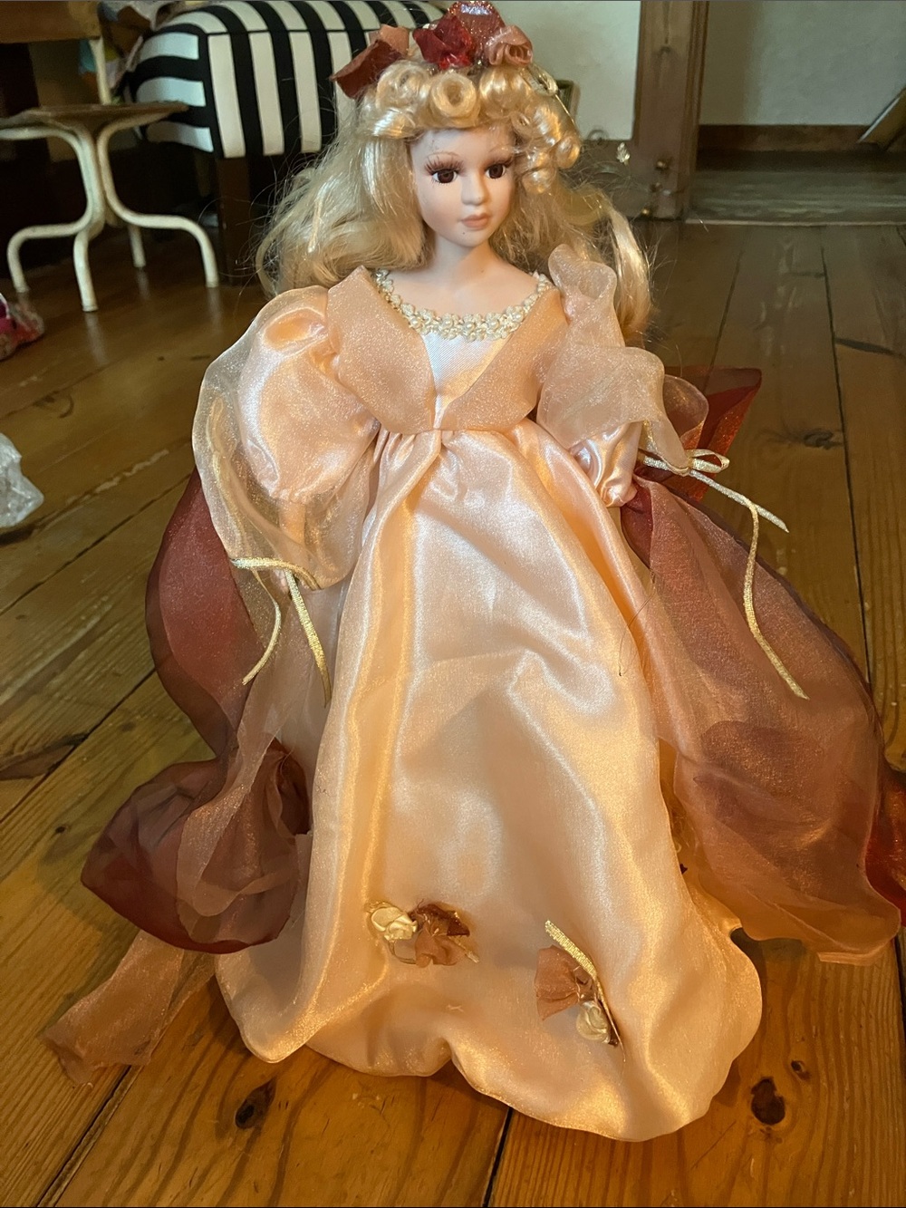 Peach and Burgundy Porcelain Doll Décor Figurine
